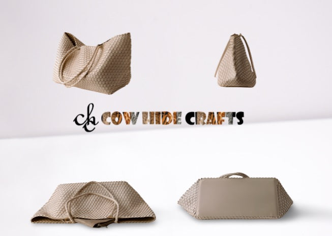 Beige woven leather tote with clutch