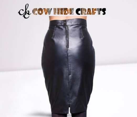 Below knee leather pencil skirt with hook and zip back closure