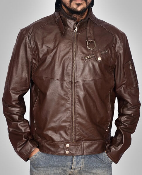 Belted collar and zipper detail on men's brown leather jacket