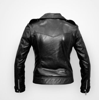 Women's black slim fit leather jacket styled for biker look