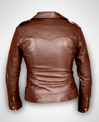 Brown perfecto leather jacket women styled for everyday wear