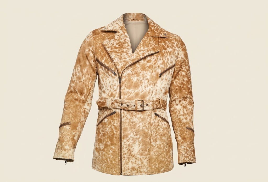 Asymmetrical off-center zipper closure detail on biker cowhide jacket