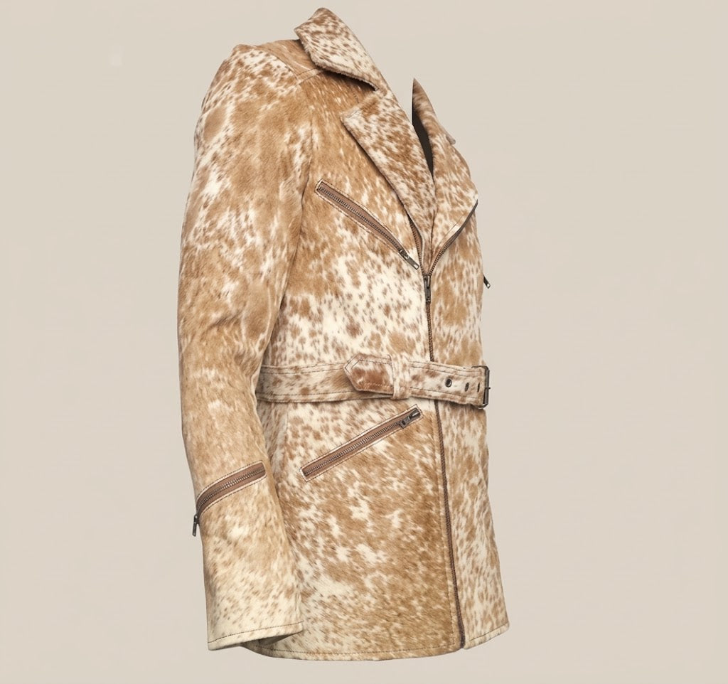 Angled chest pocket detail on multi-zipper cowhide biker jacket