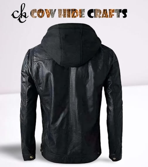 Men's hooded leather jacket styled for biker street look