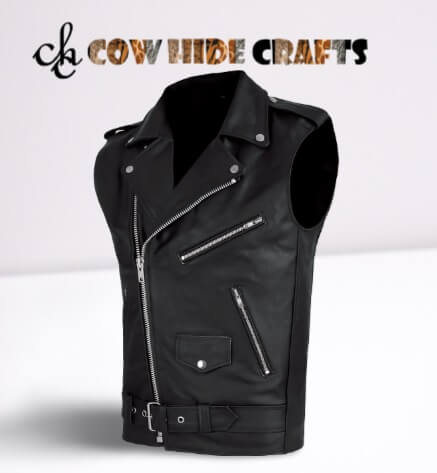 Black leather biker vest with belt