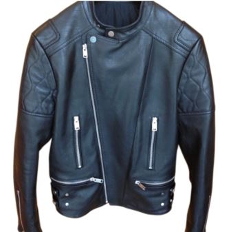 Men's black biker jacket embroidered sleeves quilted shoulder