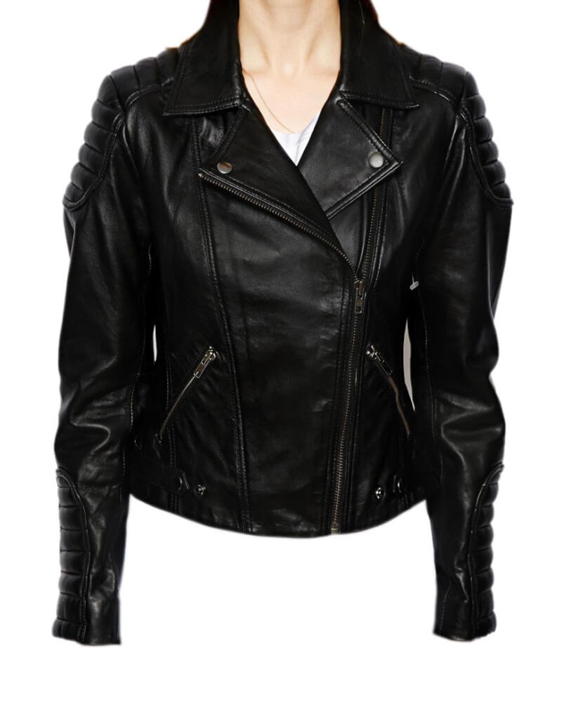 Women's black biker leather jacket with shoulder padding