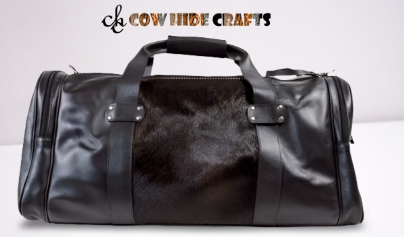 black cowhide leather duffle bag