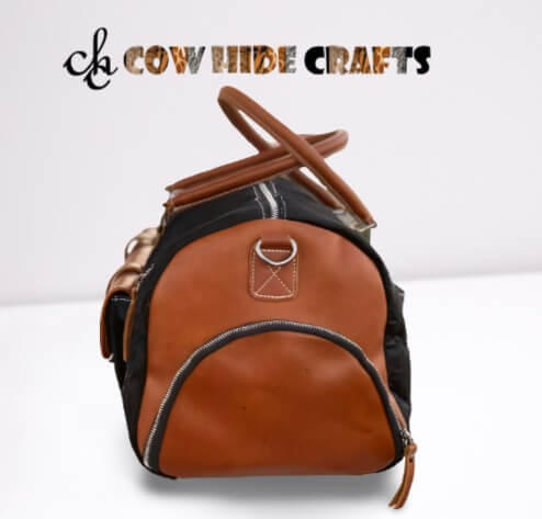 Black cowhide duffle tan leather contrast