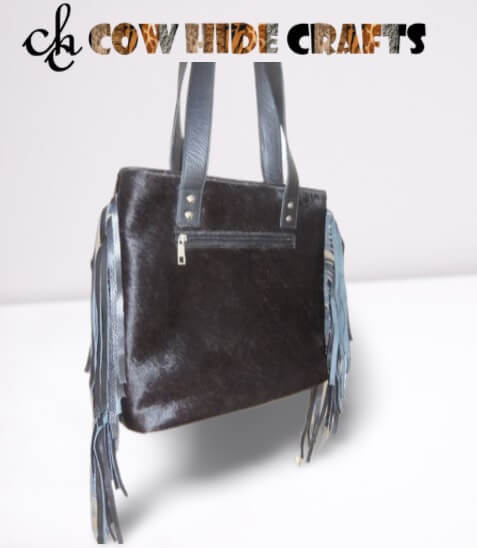 Black cowhide fringe bag backside zipper pocket