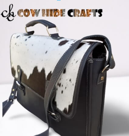 Black cowhide laptop bag top handle long strap