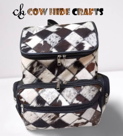 Black cowhide patchwork backpack diamond pattern
