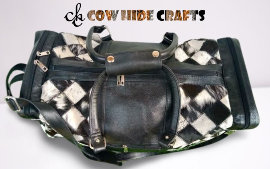 Black cowhide patchwork duffle two way main zipper