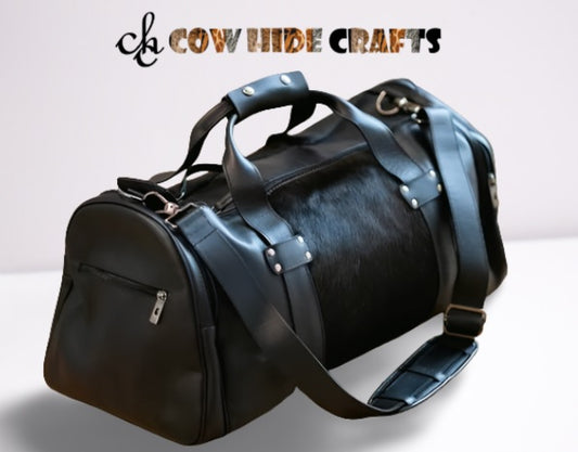 black hair on hide cowhide travel duffle bag