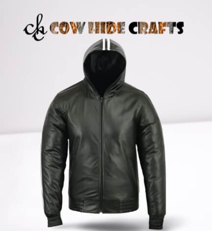 Unisex black hooded leather jacket with white stripes front view