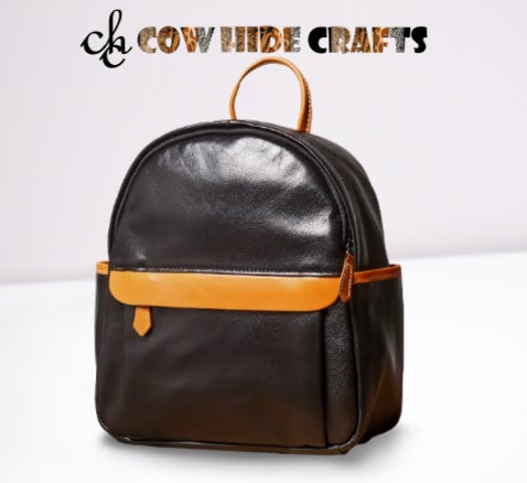 Black leather knapsack zipper with hidden flap