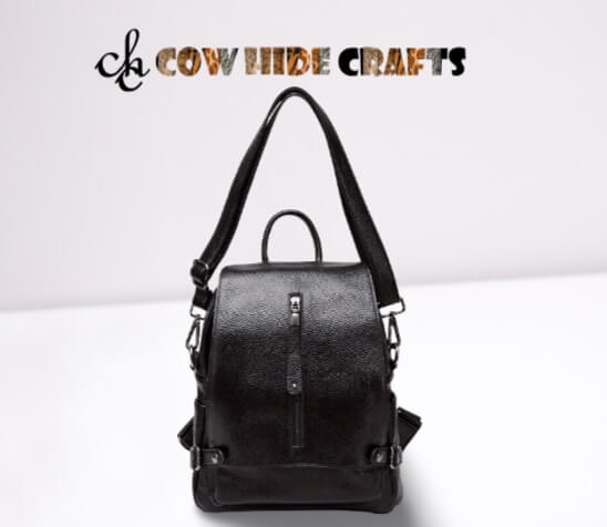 Black leather backpack center zipper