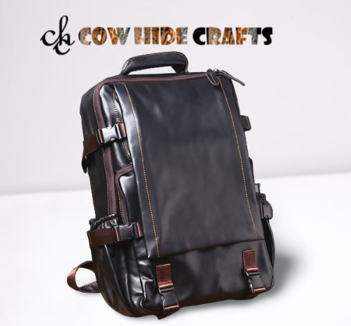black smooth leather backpack with flap and buckle closure