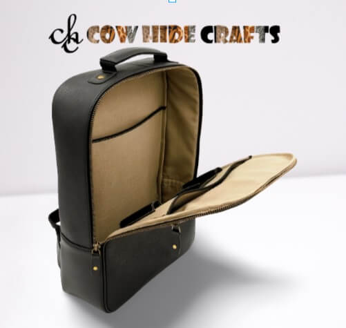 Black leather backpack lined interior pockets