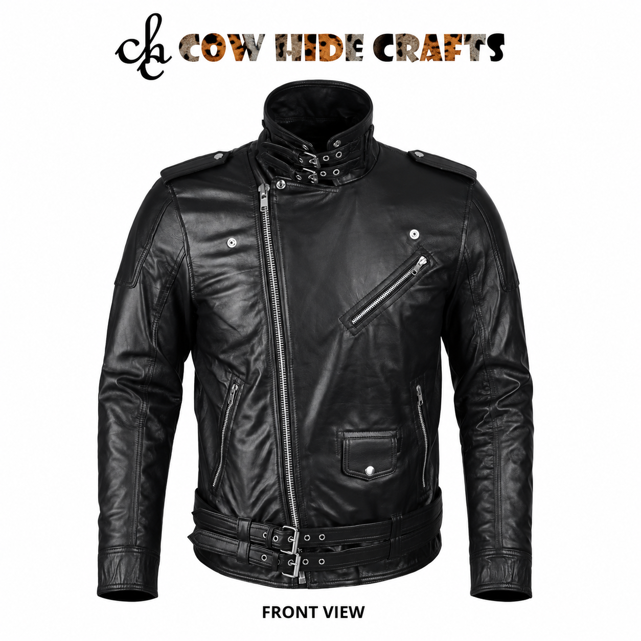 Black leather biker jacket asymmetric zip buckle collar epaulet