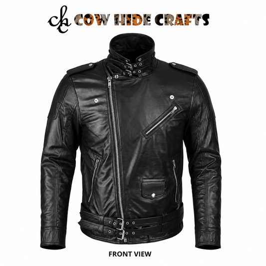 Black leather biker jacket asymmetric zip buckle collar epaulet