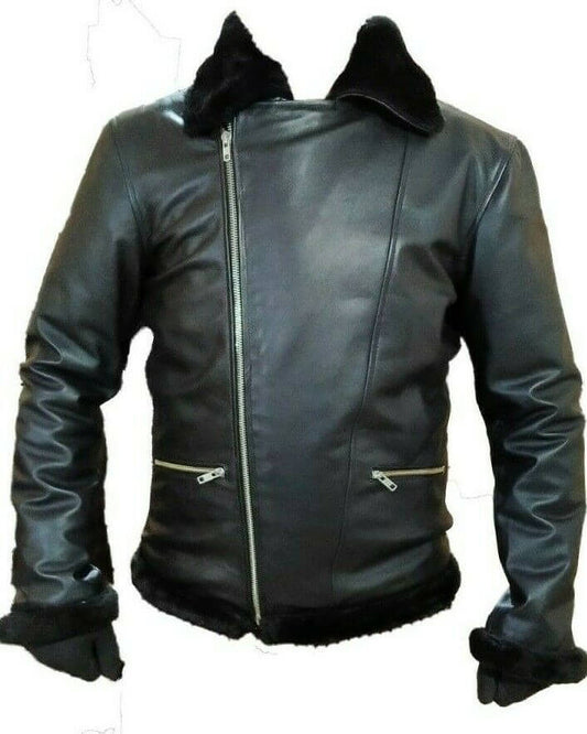 Black leather biker jacket faux fur collar