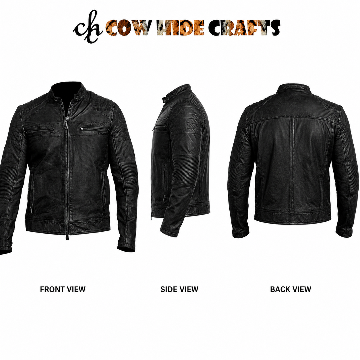 Black leather cafe racer jacket mandarin collar moto