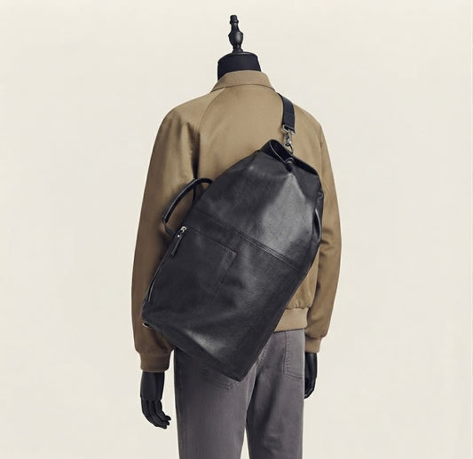 Black leather duffle backpack front view