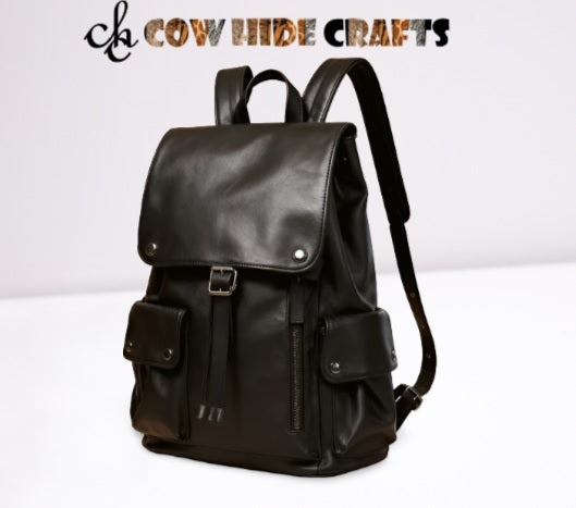 Black leather flap closure laptop backpack front view