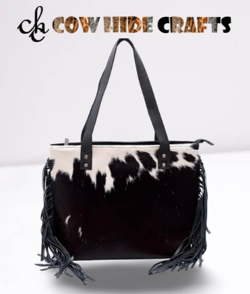 Black white cowhide leather fringe bag 