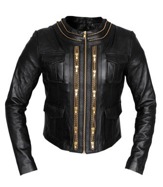 Women's black leather jacket with golden zipper front