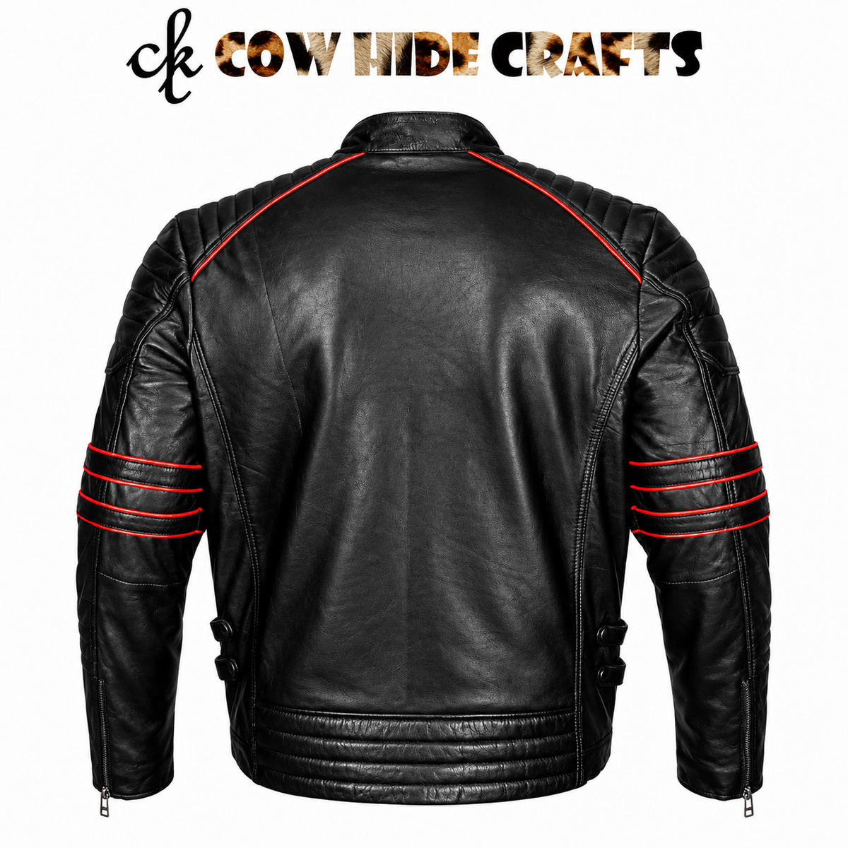 Black leather jacket three red horizontal arm stripes