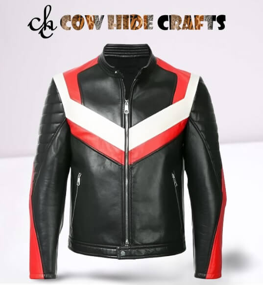 Black leather jacket with red and white stripes
