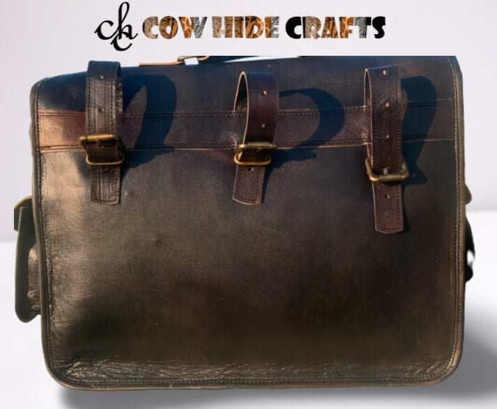 Black leather pannier flap buckle closure