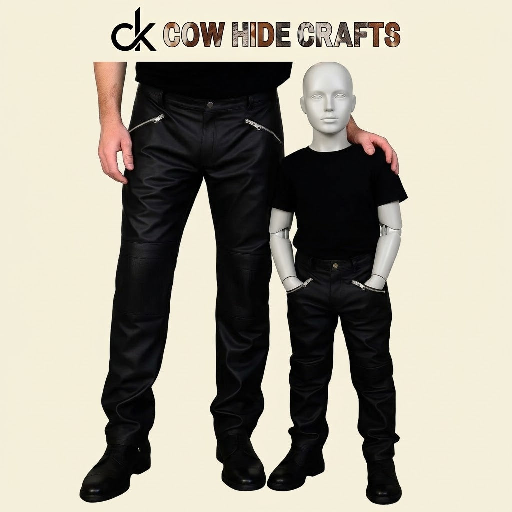 Black Daft Punk-inspired genuine leather pants available in coordinated Father and Son sizing.