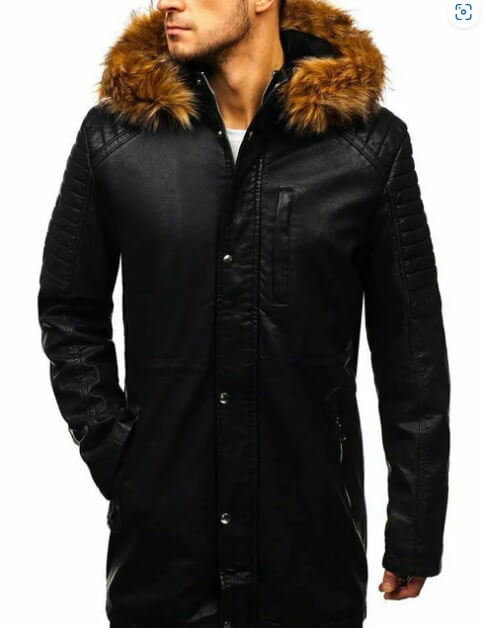 Men's black leather parka long coat hooded