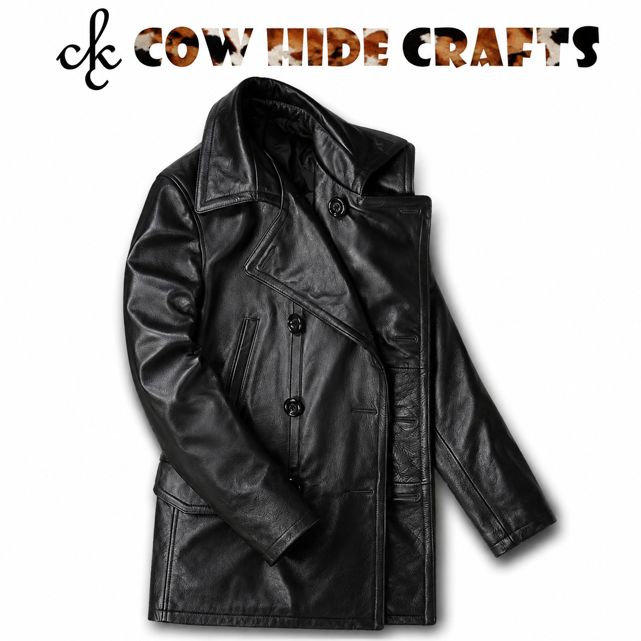 Black leather pea coat vertical chest welt pockets