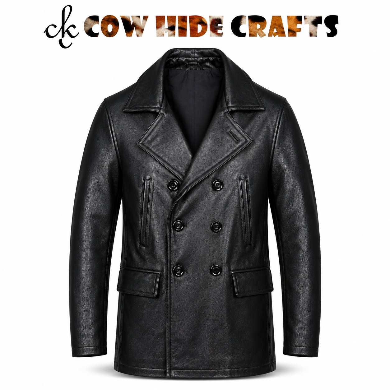 Black leather pea coat double breasted six button