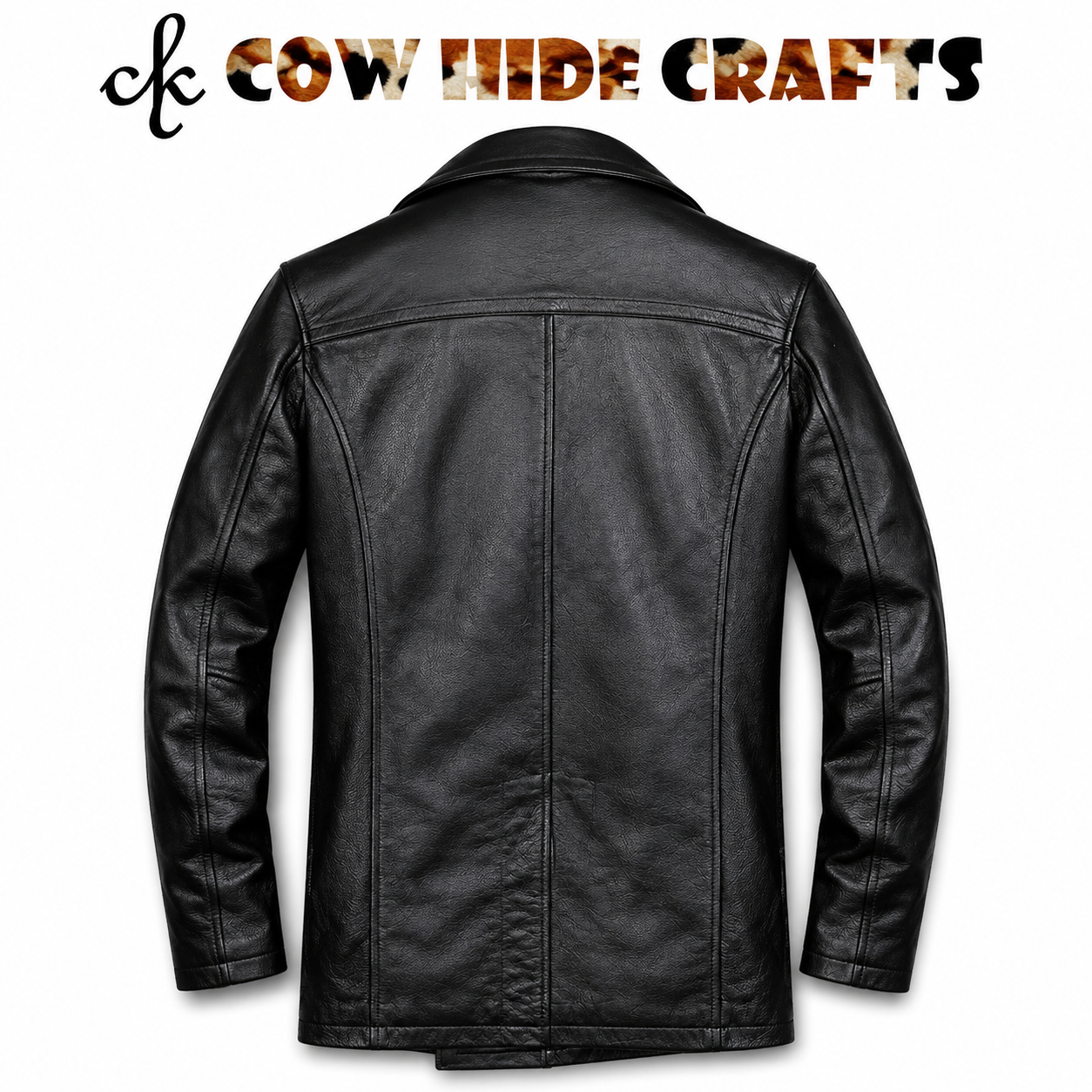Black leather pea coat smooth lining back view