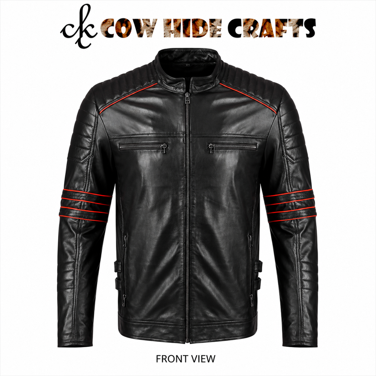 Black leather racing jacket red piping stripes quilted