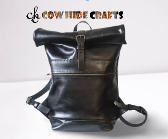 Black leather rollup bag roll top closure