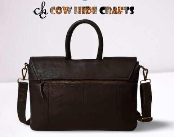 Black leather satchel backside zipper pocket