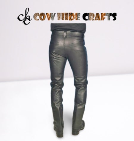 men's black genuine leather slim fit double zipper partywear trouser