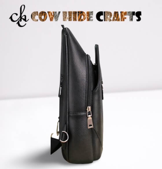 Black leather sling crossbody bag side view