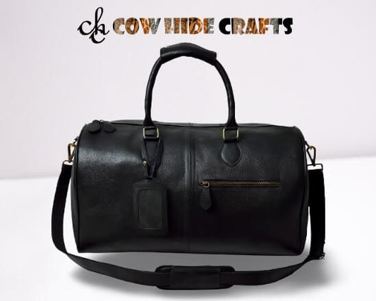 Black leather travel duffle bag large 