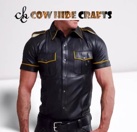 Black leather uniform shirt with yellow piping