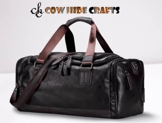 Black leather unisex duffle bag