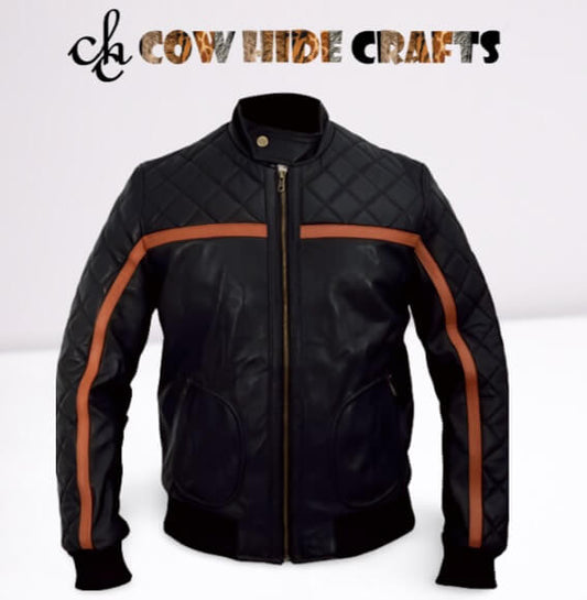 Black quilted leather jacket diamond chest front