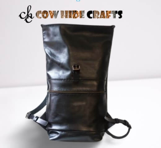 black leather backpack zippers moto designer Black Rollup Leather Backpack – Large Motorcycle Rucksack – Cowhide Crafts