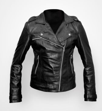Women's black slim fit leather jacket side zip